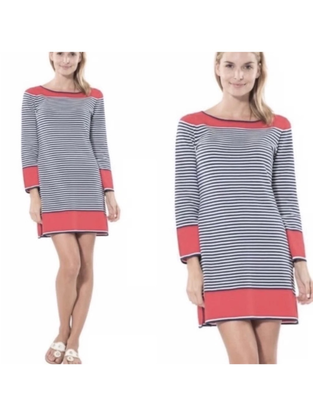 Sail to Sable Navy and White Striped Shift Dress with Coral Trim